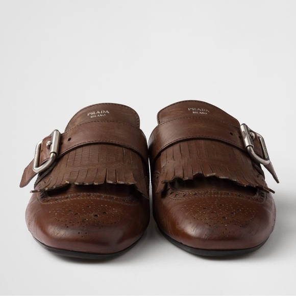 Worn once PRADA Brown Leather Fringed Shuffle Mules $1,250 41 - Picture 3 of 13